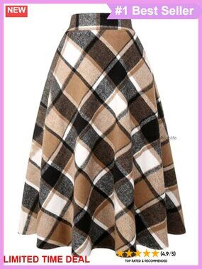 Wool Blend Plaid High Waist A-Line Maxi Skirt Flared Pleated Winter